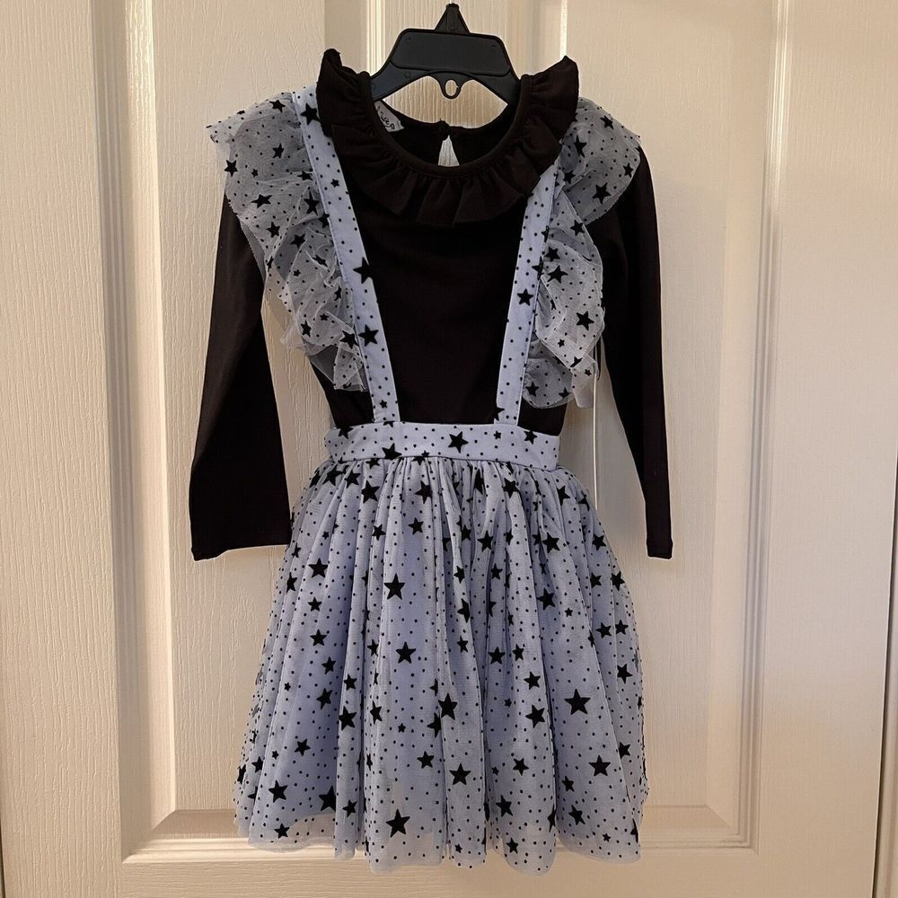 Pippa & Julie Blue Flocked Black Stars Mesh Jumper Dress 2-Pc Girls Size 4 NWT